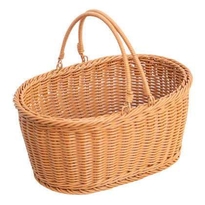 YRMTKIHE rattan picnic basket with foldable handle for easy outdoor transport.