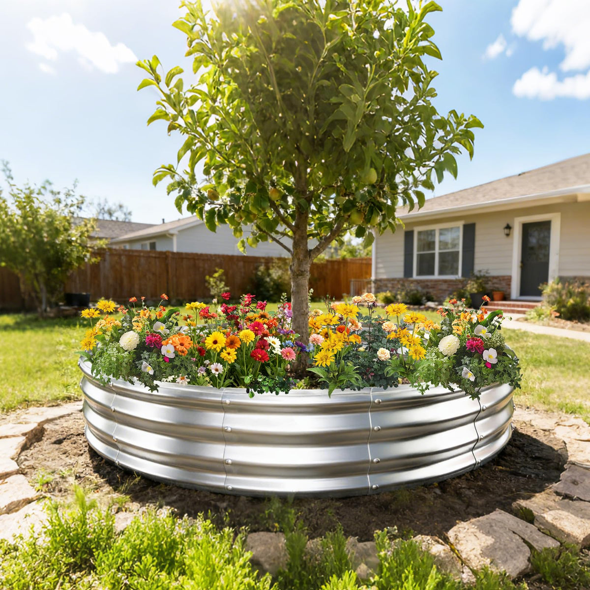 YSEJOMP raised bed used as a tree border option to define landscape edges
