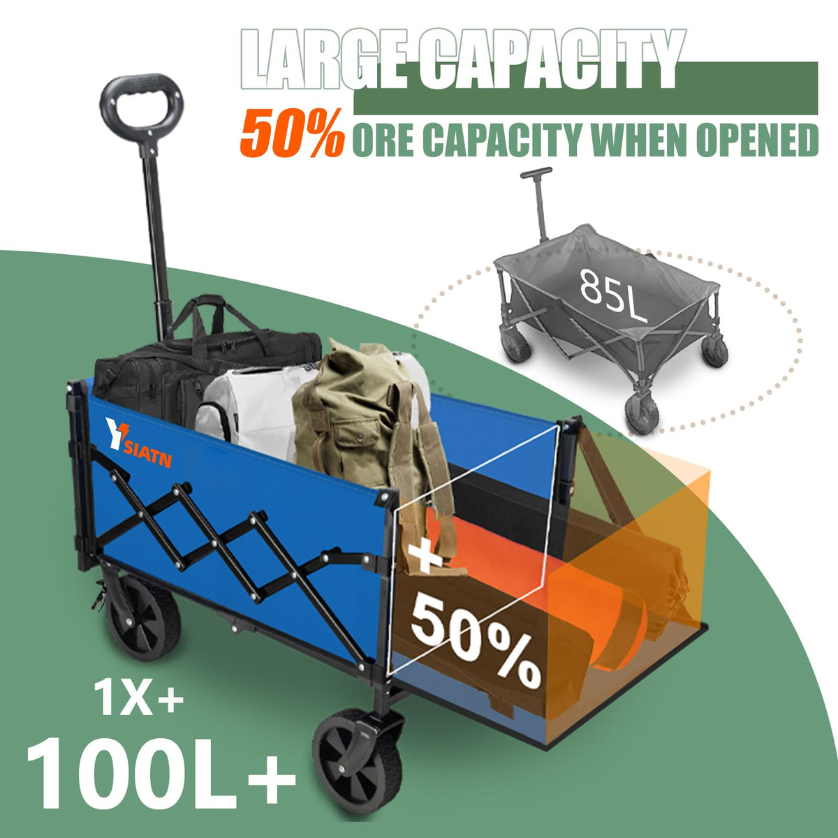YSIATN wagon with 360-degree front wheels for smooth maneuvering on uneven terrain.