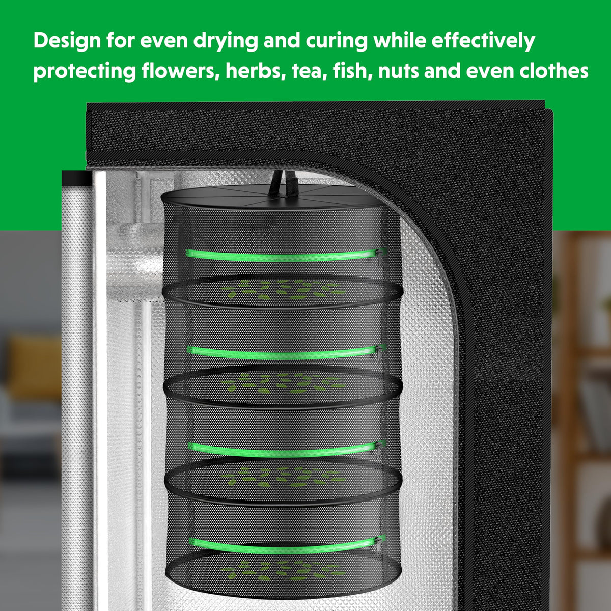 YSSOA herb-drying-rack in closet with 24-inch diameter space-saving.