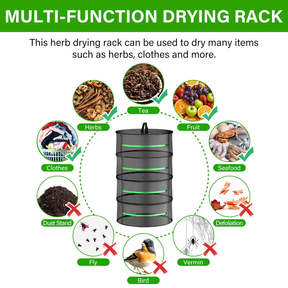 YSSOA drying-mesh basket in use for herbs, emphasizes breathability and insect-free drying.