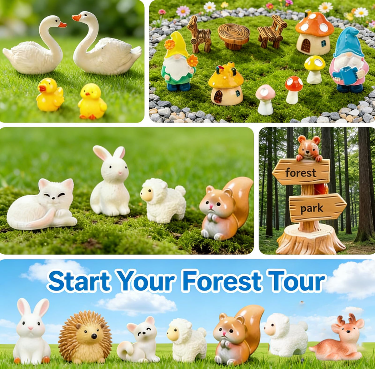 YSUNZIA miniature animals and gnomes add whimsy to micro landscapes and terrariums.