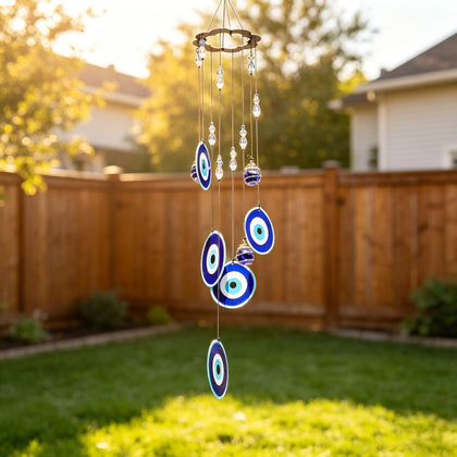 YU FENG Blue Evil Eye Wind Chimes in a 19-inch outdoor setup.