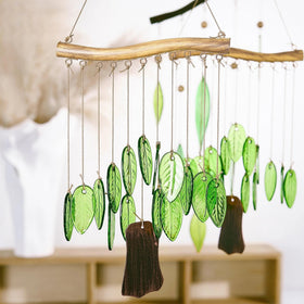 YU FENG Green Leaf Glass Wind Chime with translucent leaves for calm garden ambience.