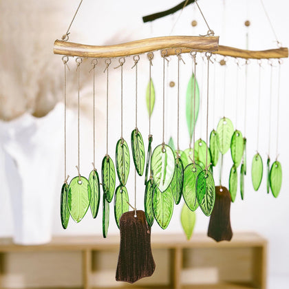 YU FENG Green Leaf Glass Wind Chime with translucent leaves for calm garden ambience.