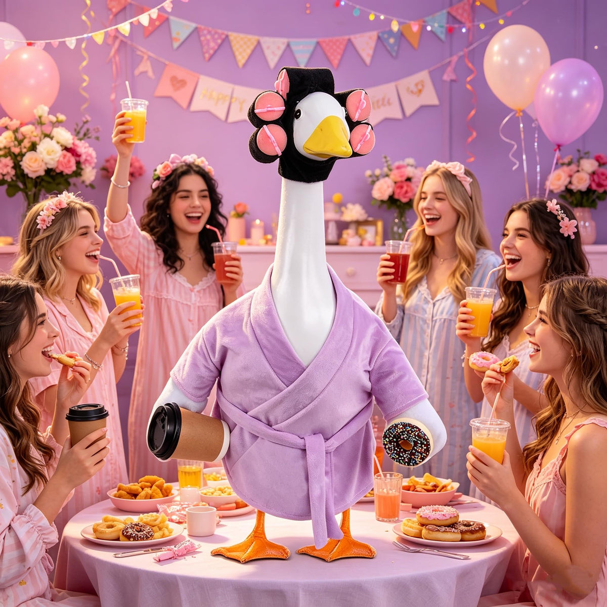 yuboo Goose porch decor coffee cup and donuts setup enhances whimsy