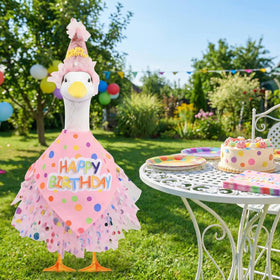 Yuboo pink birthday bandana detail, close-up, colorful accessory enhances porch goose charm.