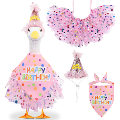Yuboo pink birthday porch goose outfit, front view, festive outdoor porch decor.