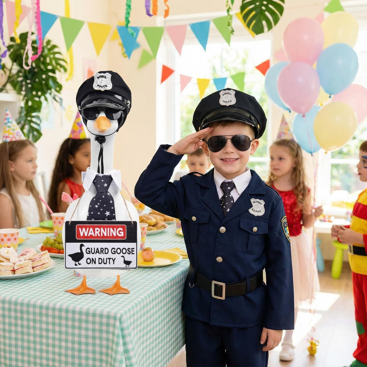 yuboo police goose hat adds character to outdoor porch display