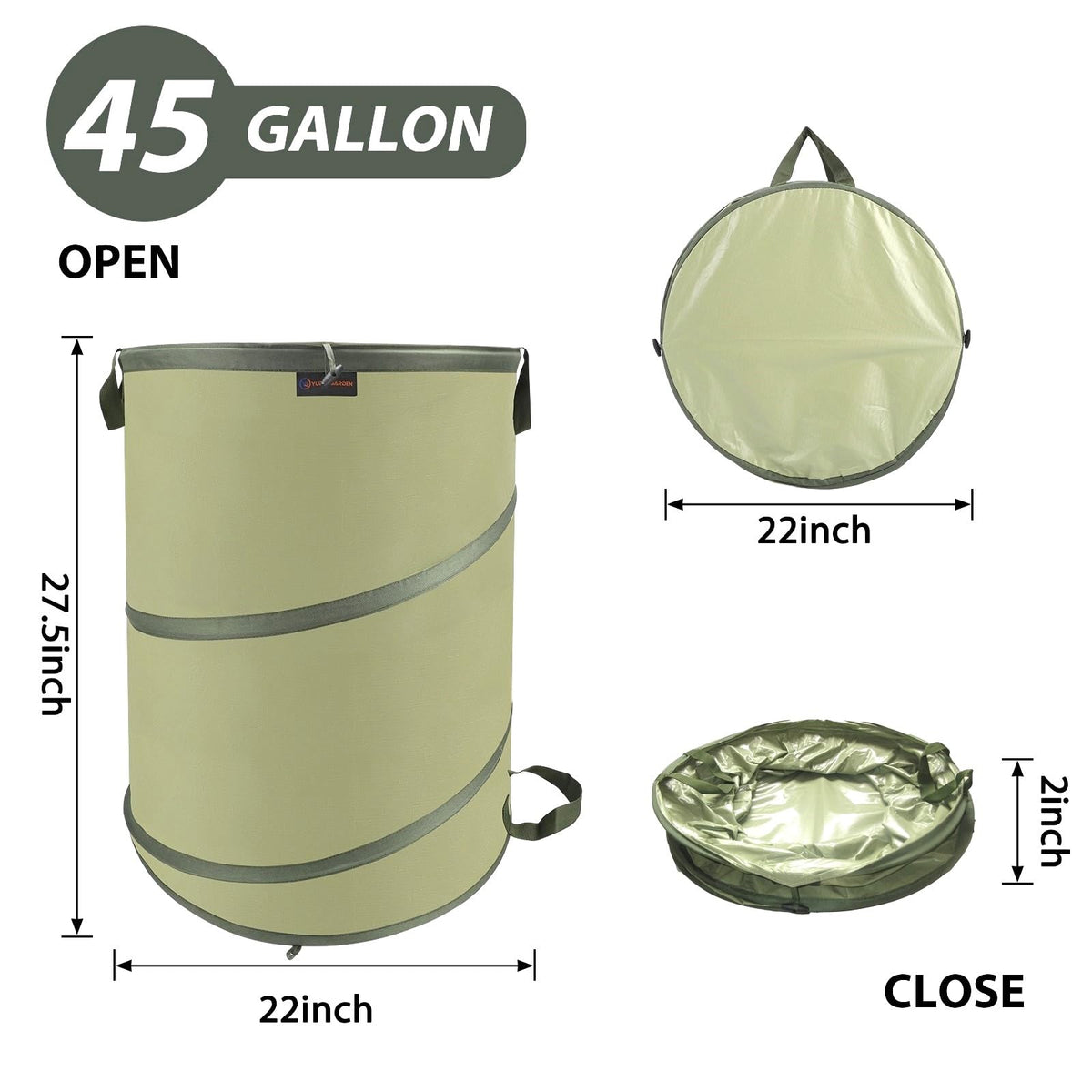 YUDI & GARDEN collapsible bin showing internal spring for hands-free setup.