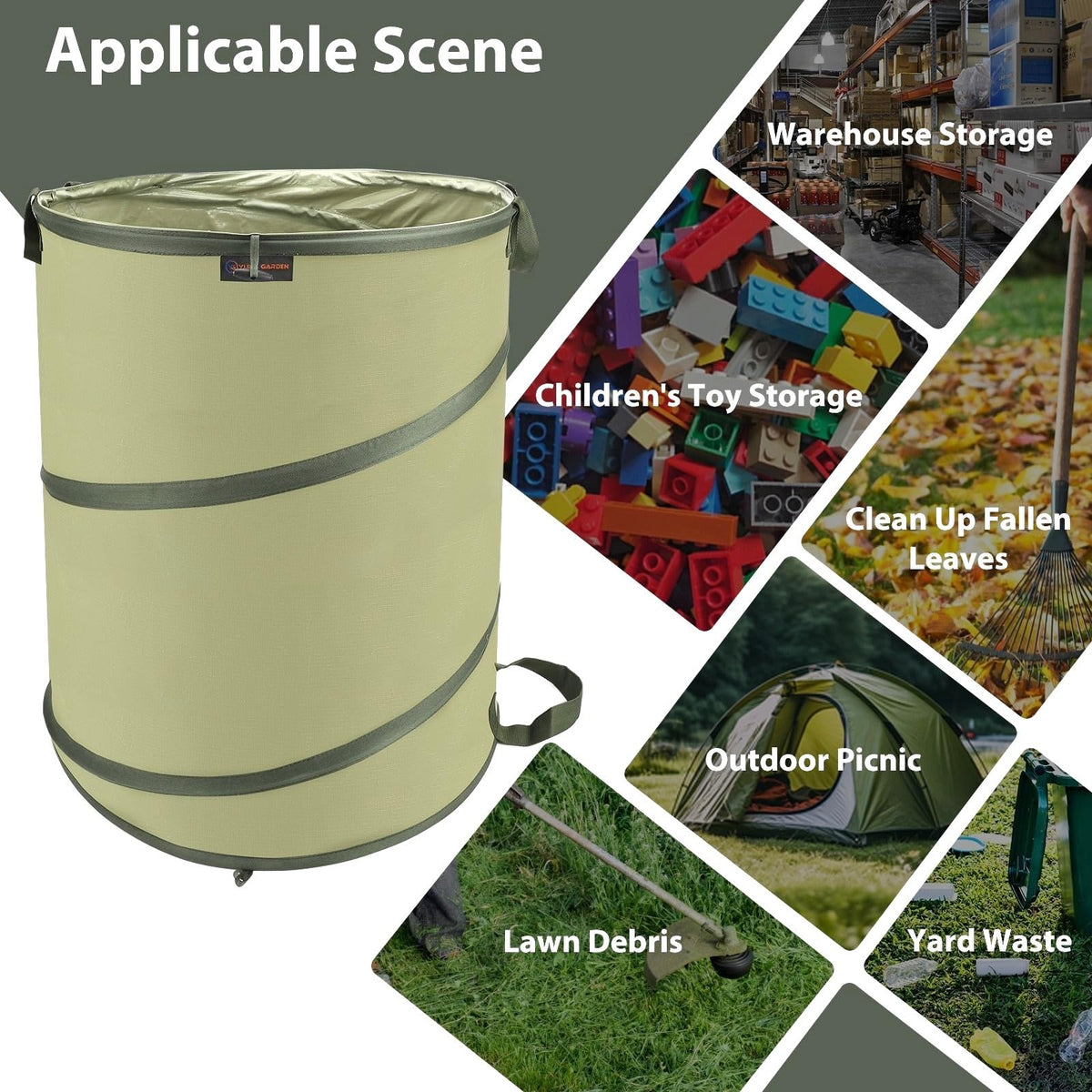YUDI & GARDEN outdoor cleanup bin in garden setting.