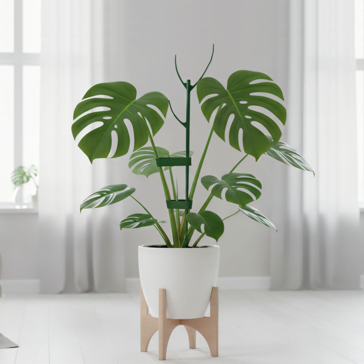 Yuekuzap green plastic stake blends with indoor foliage providing solid support