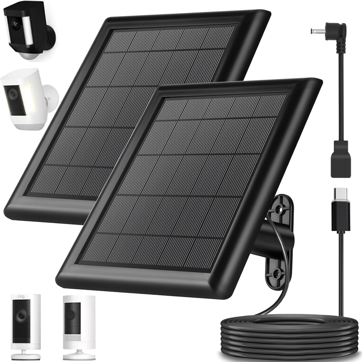 YUELAN 2-pack 8W solar panel for Ring front view powering outdoor cameras.