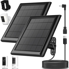 YUELAN 2-pack 8W solar panel for Ring front view powering outdoor cameras.