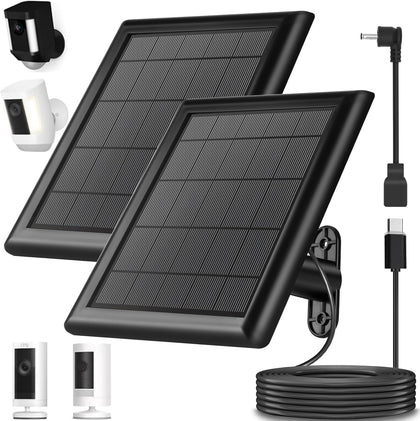 YUELAN 2-pack 8W solar panel for Ring front view powering outdoor cameras.