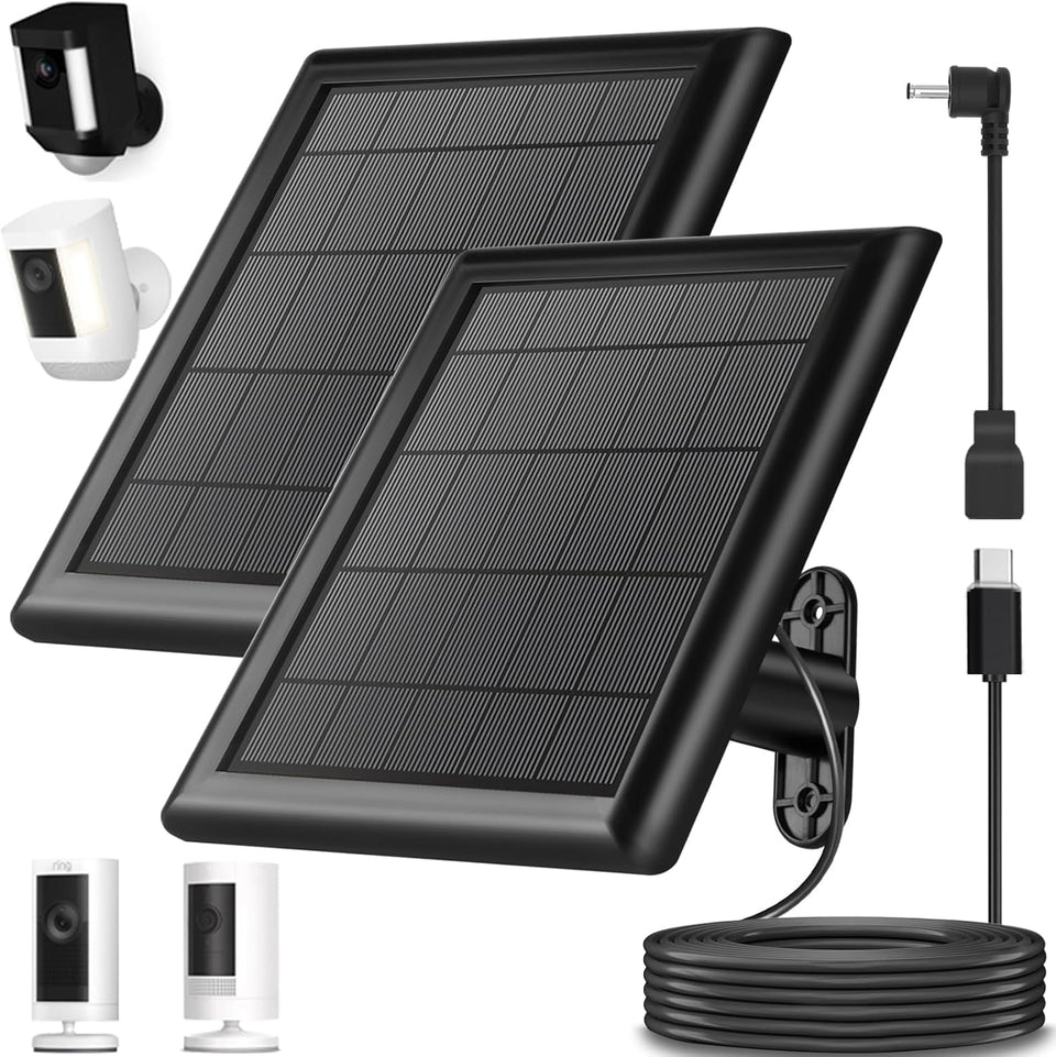 YUELAN 2-pack 8W solar panel for Ring front view powering outdoor cameras.