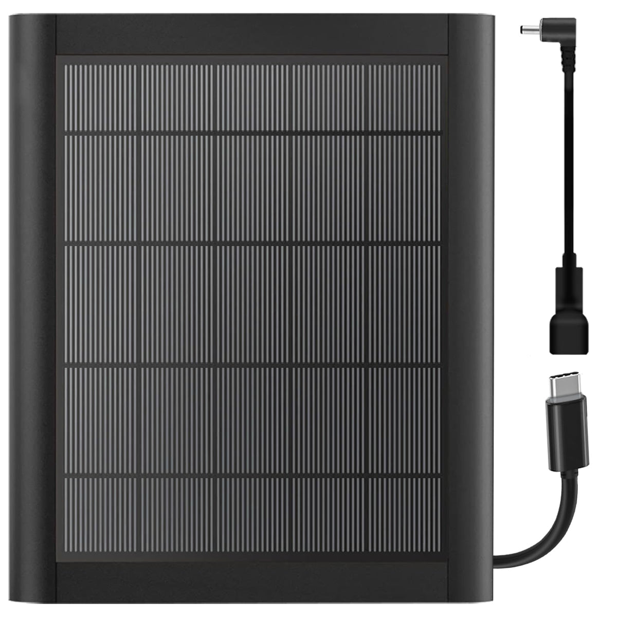 YUELAN 8W solar panel charger, front view powering Ring cameras outdoors.