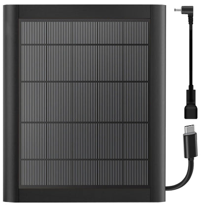 YUELAN 8W solar panel charger, front view powering Ring cameras outdoors.