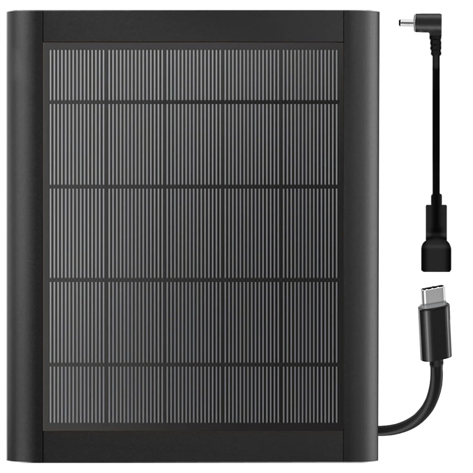 YUELAN 8W solar panel charger, front view powering Ring cameras outdoors.