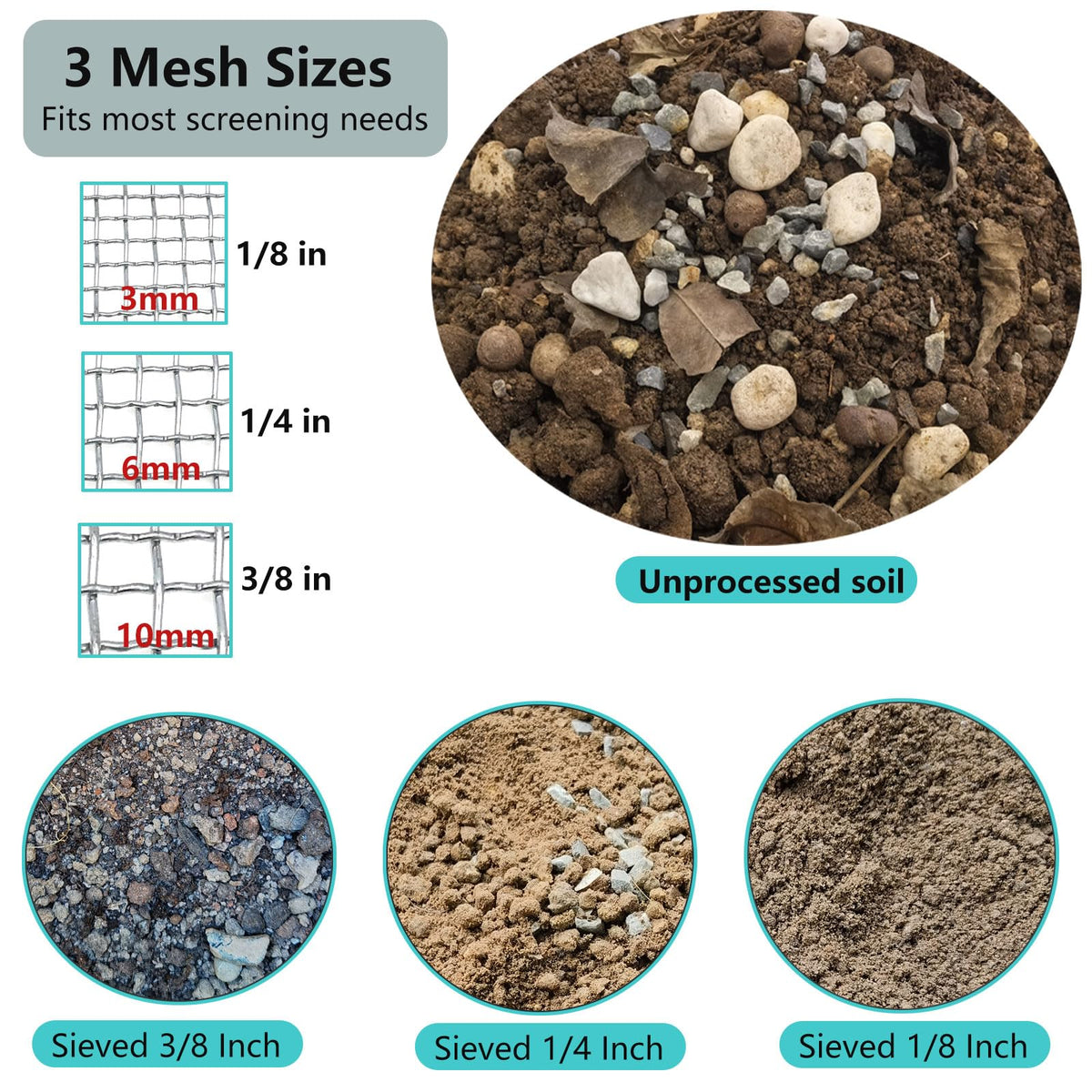 YUEBM gardening sifter eighth-inch mesh enables finer filtering of compost and soil.