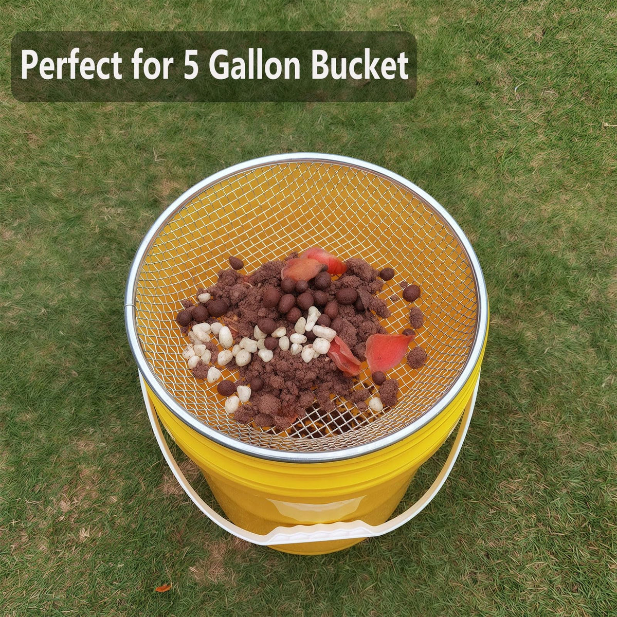 YUEBM sifter on bucket shows easy, mess-free setup for efficient material separation.