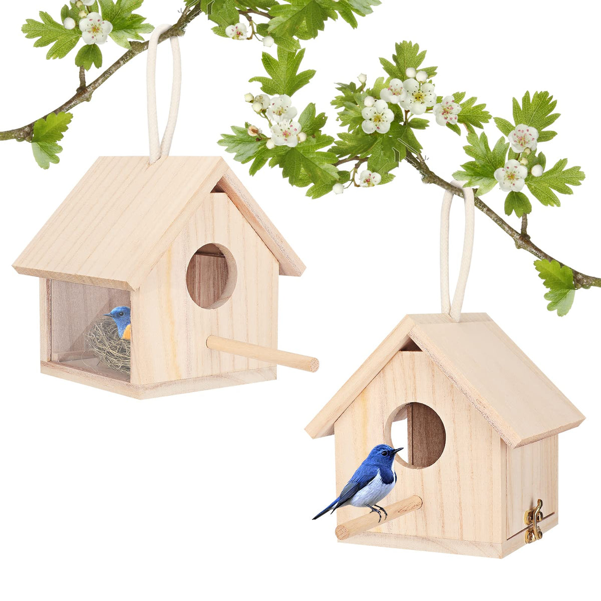 YUEPET two transparent wooden bird houses for outdoor viewing and nesting