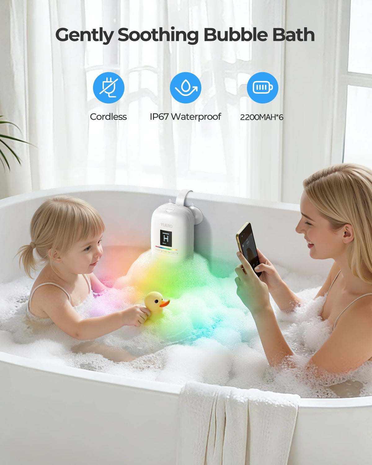 YUERO Bath Jets 360-degree adjustable nozzles shown on tub for precise water direction.