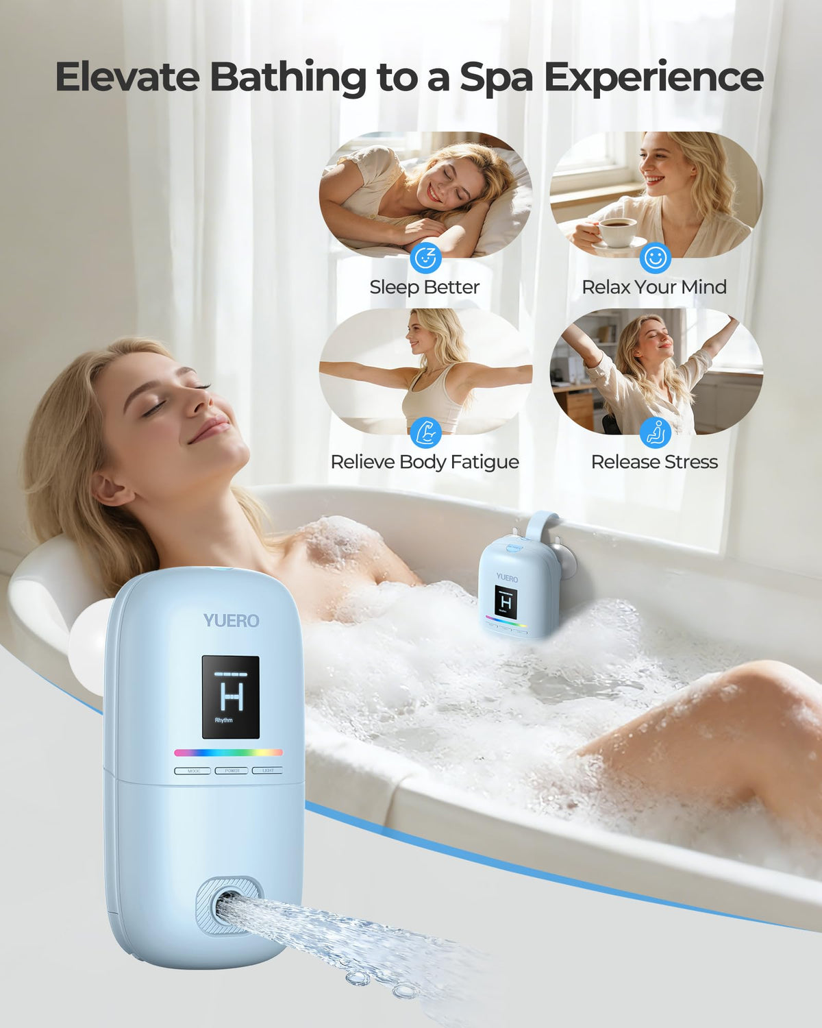 YUERO IP67 waterproof unit ensures safe, submersible use during baths.