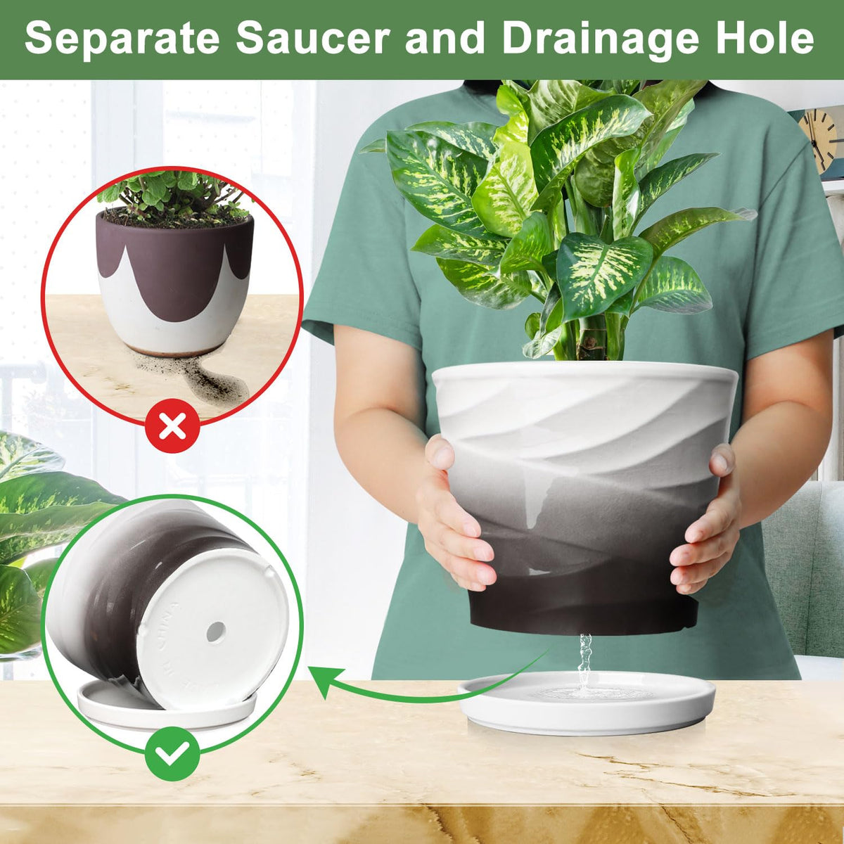 YUFDA 8-inch ceramic pot endures sun and cold indoors or outdoors.