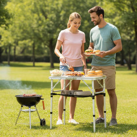 YUFIFAIRY height-adjustable folding table offers 10, 19, and 27.5 inch heights for varied setups.
