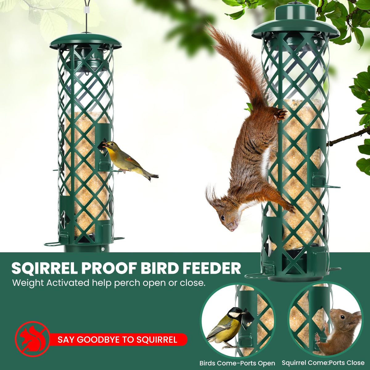 YUGYUM 3lb capacity bird feeder shows clear seed tube for easy monitoring.