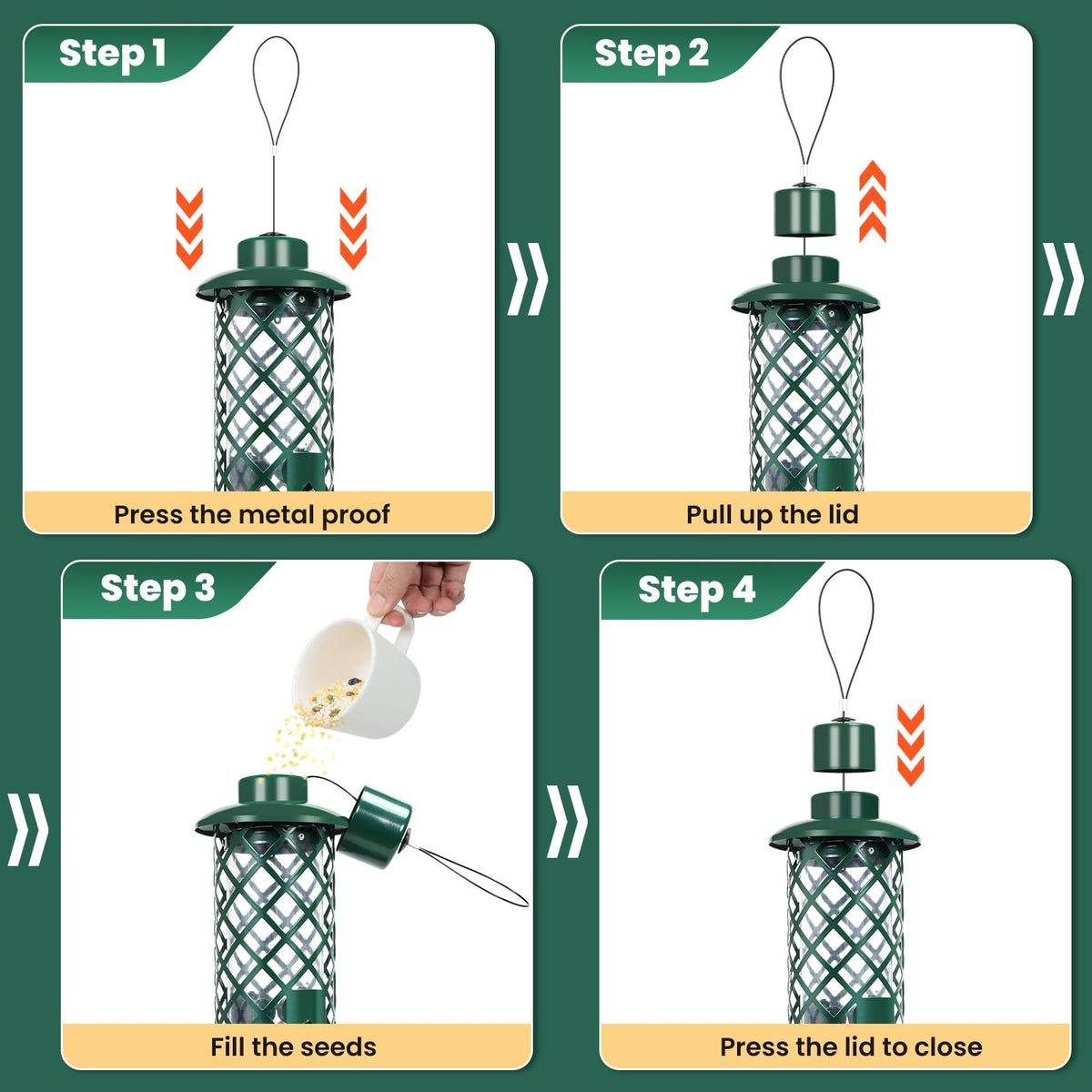 YUGYUM green outdoor feeder blends into garden while attracting small birds.