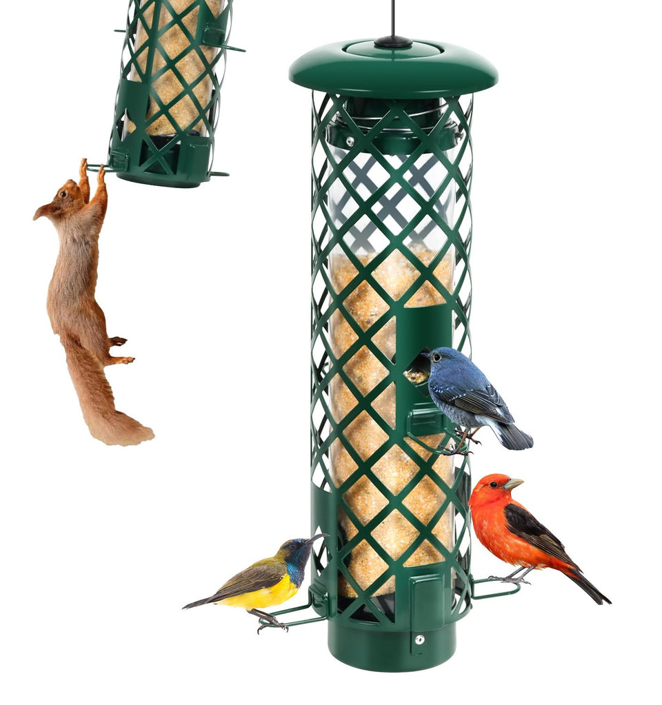 YUGYUM squirrel-proof feeder with weight-activated perch design keeps small birds safe.