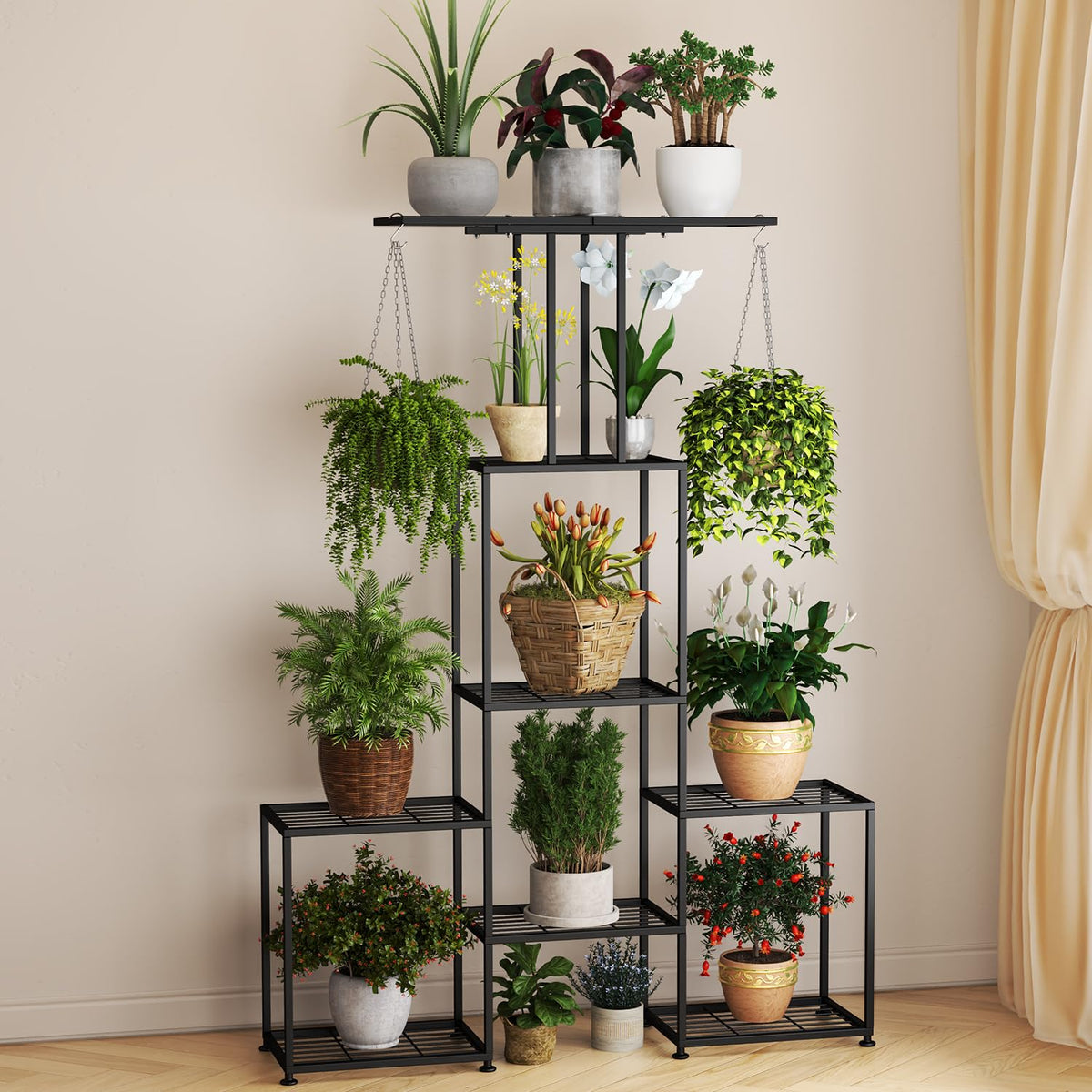 YUJCHMTZN plant stand side view showing multi-level shelves for versatile use.