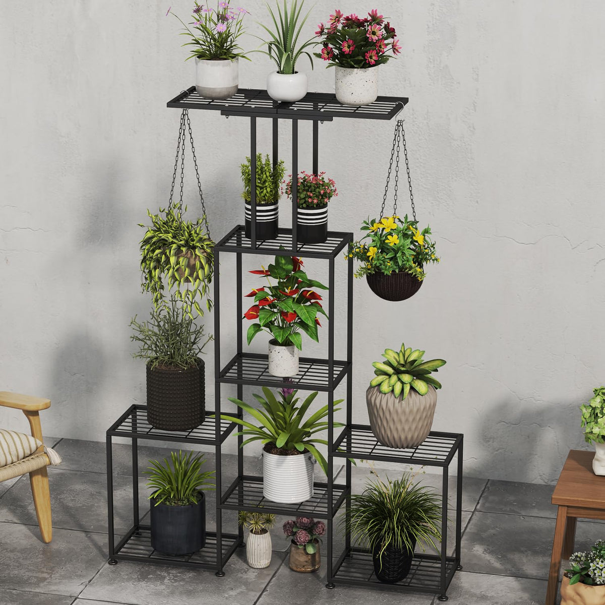 YUJCHMTZN 6-tier shelf close-up highlighting integrated hooks for hanging planters.