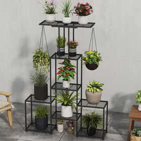 YUJCHMTZN 6-tier shelf close-up highlighting integrated hooks for hanging planters.