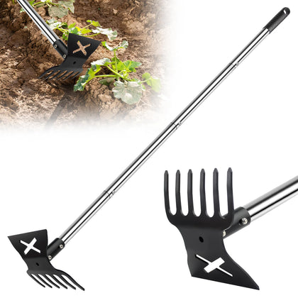 YUJOIBAN 2-in-1 garden hoe and weed rake head for efficient weeding and soil loosening.