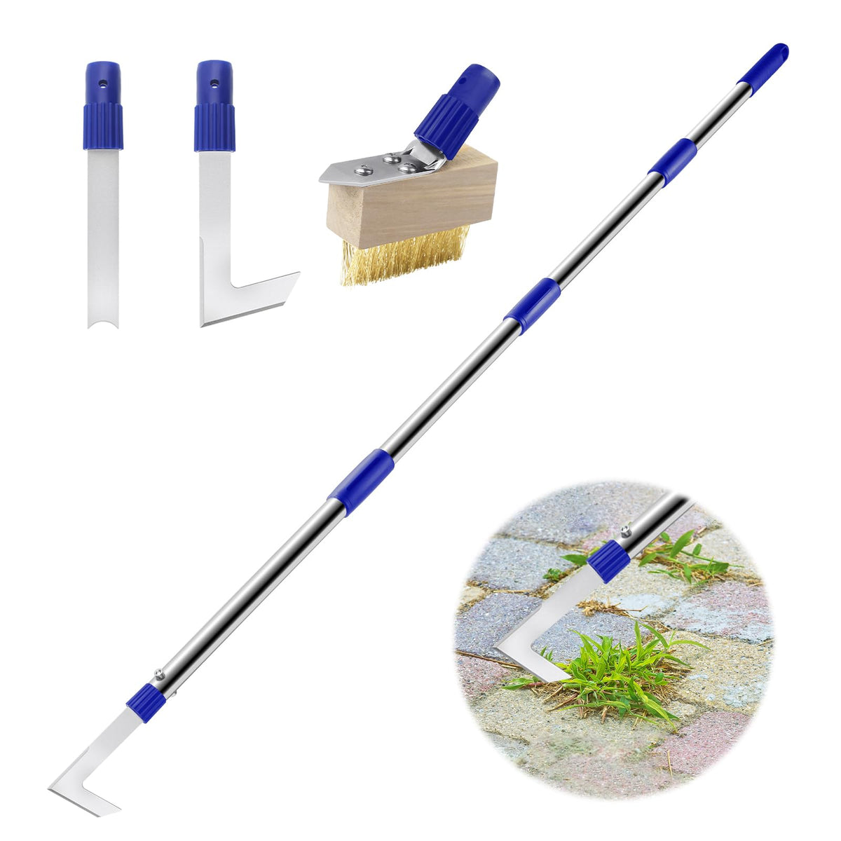 YUJOIBAN crack weeder tool with long handle reaching tight paver gaps for easier maintenance.