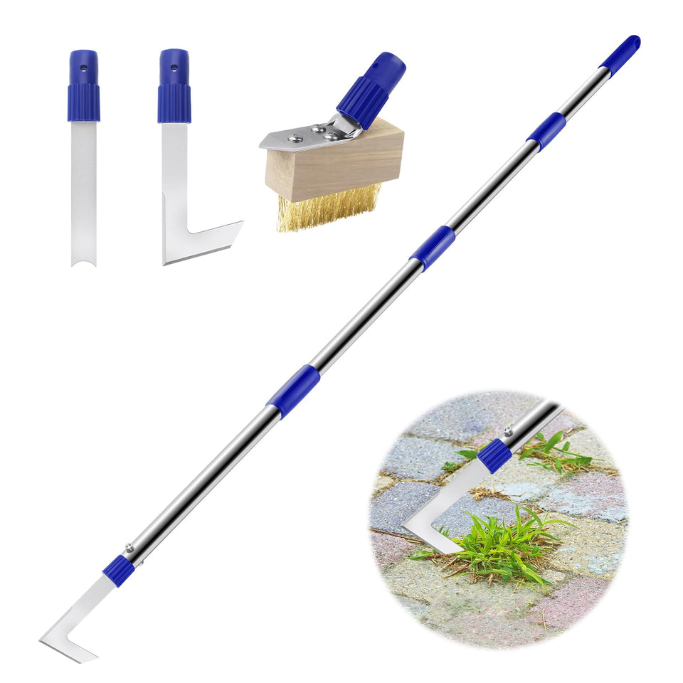 YUJOIBAN crack weeder tool with long handle reaching tight paver gaps for easier maintenance.