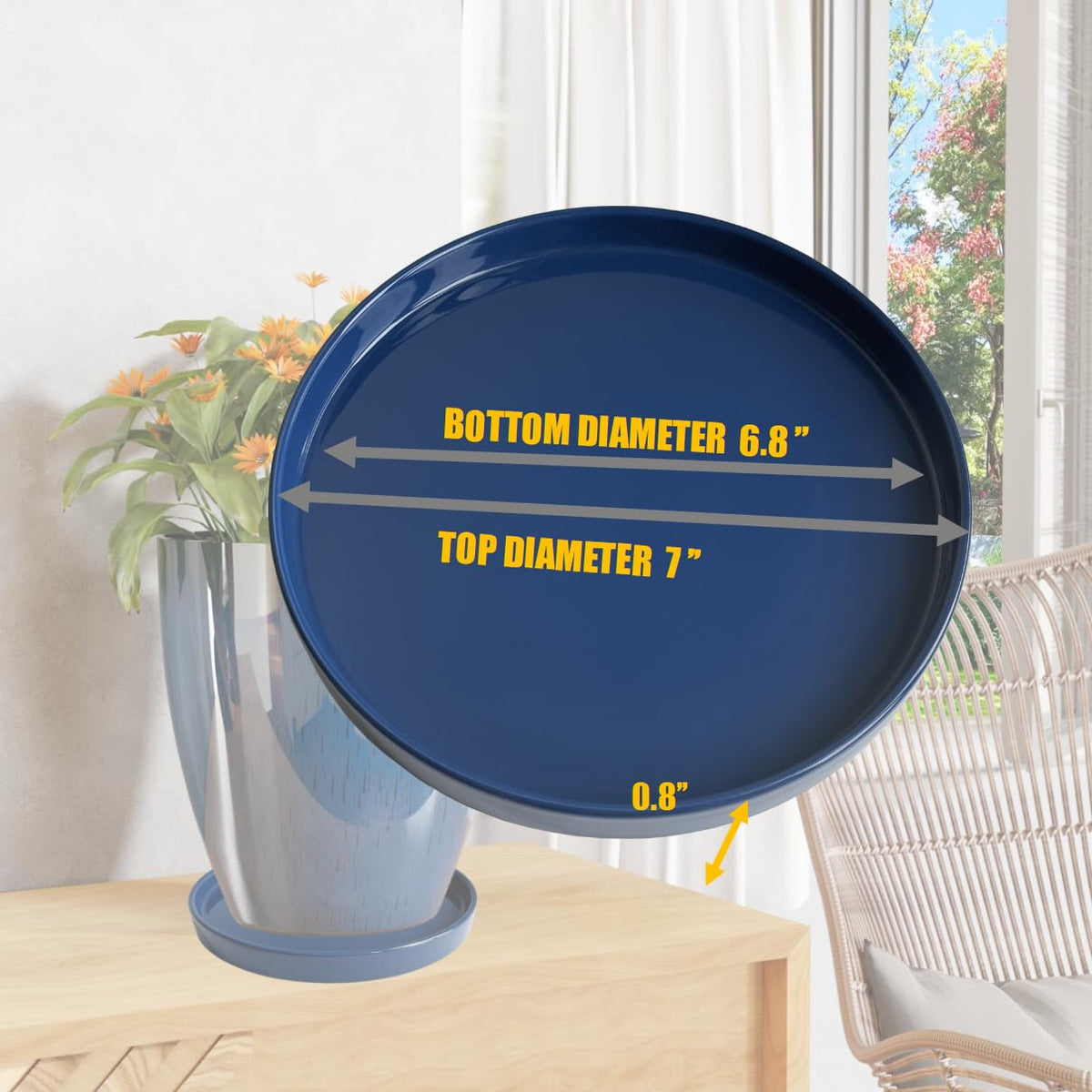 Yukfona 7-inch blue ceramic plant saucer in side view shows durable glaze.