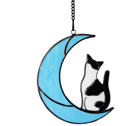 YULAIKUAI black and white tuxedo cat moon suncatcher in a sunlit window