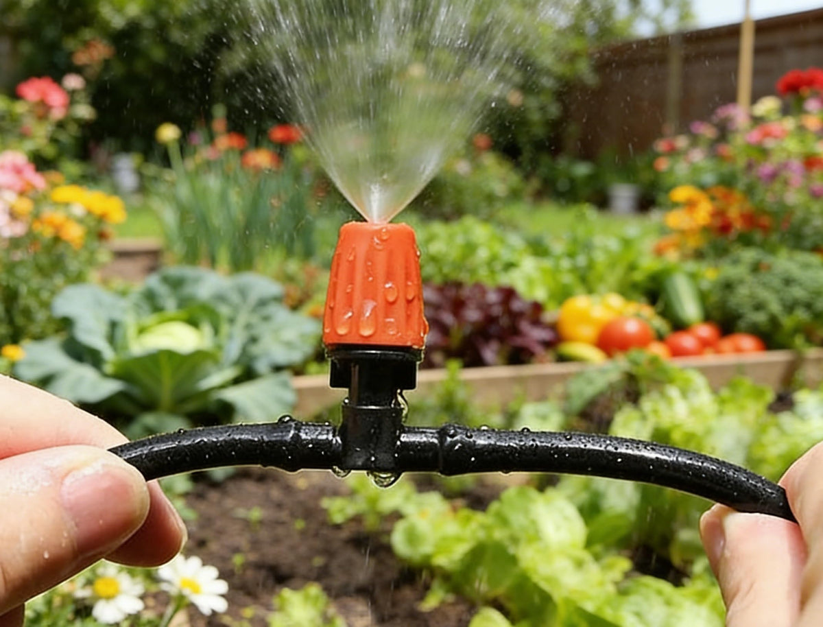 Yulaiyoen garden irrigation setup suits lawns and vegetables with efficient mist.