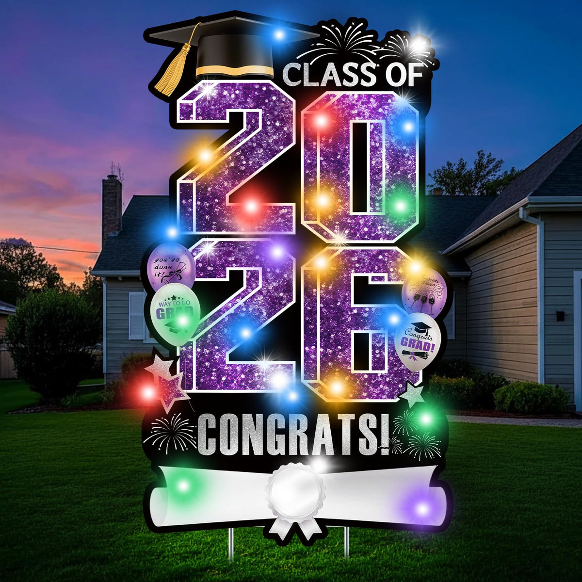 Yuleglowix graduation yard sign 2026 purple, bold outdoor centerpiece.