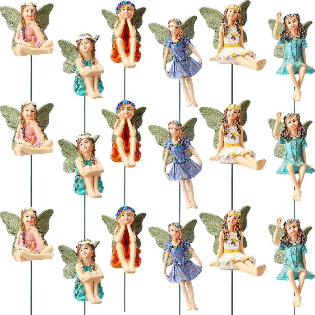 Yulejo 18-piece garden fairies enhance outdoor landscaping with charming resin figures.