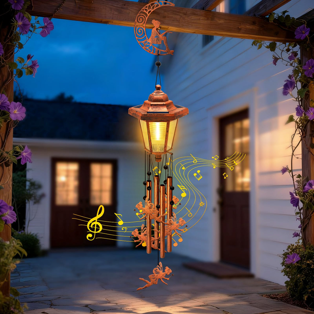 Yulloyello night glow from solar wind chimes in garden