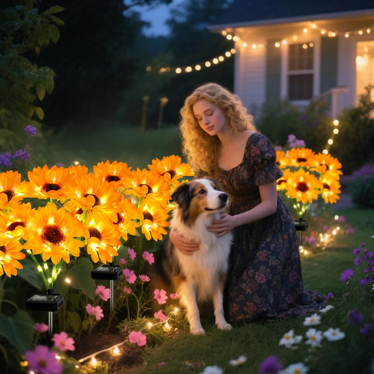 Yulloyello sunflower lights at night delivering decorative ambient lighting along walkways