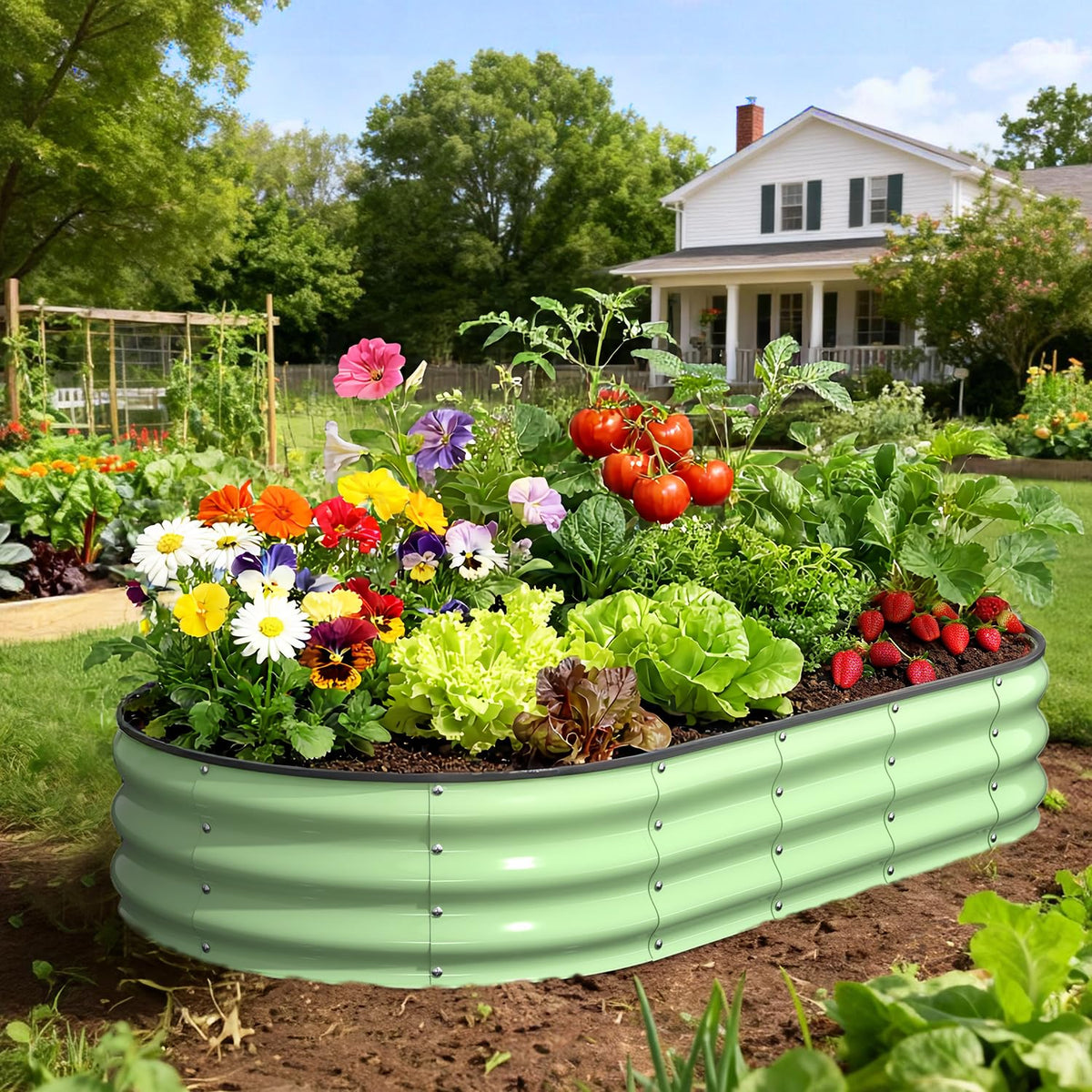 Yumatum raised bed supports kale, lettuce, spinach, and strawberries for steady growth