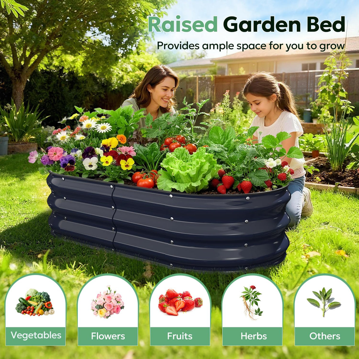 Yumatum raised garden bed side view for balanced outdoor layout