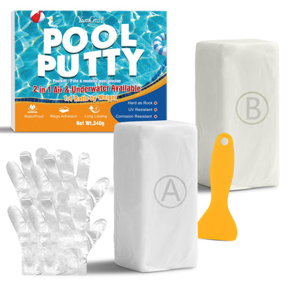YumCraft Pool Putty two-part epoxy bottle for underwater leak sealing without draining.
