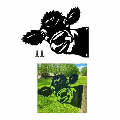 Yungeln Peeping Cow metal art ground stake adding playful charm to outdoor spaces